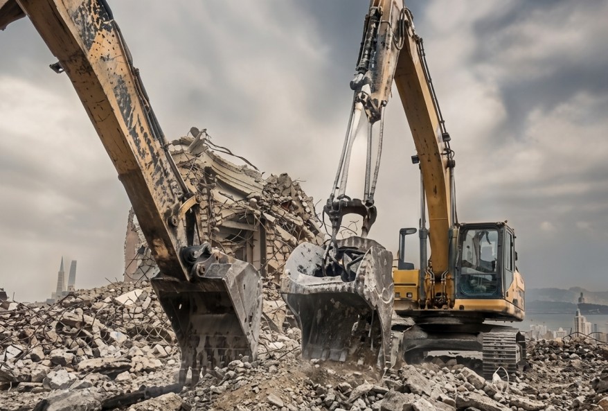 Excavators carrying out industrial demolition work
